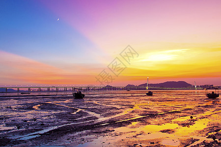 香港日落海岸地平线场景海景天空橙子支撑太阳海浪海洋风景图片