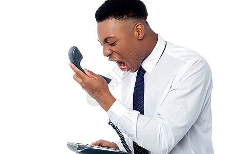 愤怒的商业专业人员大喊大叫公司情感领带管理人员男性顾问经理技术人士电话图片