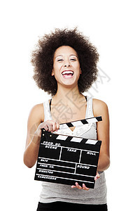 女人用拍手板行动女孩广告木板微笑摄影隔板制作人黑板演员图片