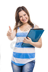 快乐的女人幸福图书学生大学学习微笑拇指手势乐趣黑发图片