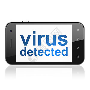 安全概念 在智能手机上检测到病毒政策蓝色黑色网络细胞犯罪屏幕数据保卫药片图片