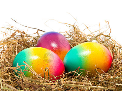 巢中的复活节蛋庆典染料假期黄色稻草传统绿色粉色蛋壳食物图片