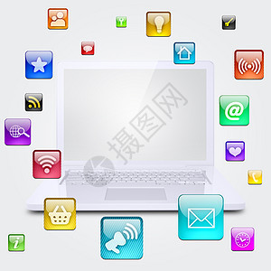 笔记本和应用程序图标展示技术下载服务团体软垫微笑音乐用户相机图片