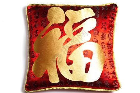 带有中文字符的红色沙垫装饰领带家具风格软垫小路正方形纺织品材料白色图片