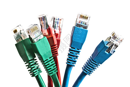 白色上隔离的多彩网络插件数据通讯技术电子电话红色力量电缆电脑蓝色图片