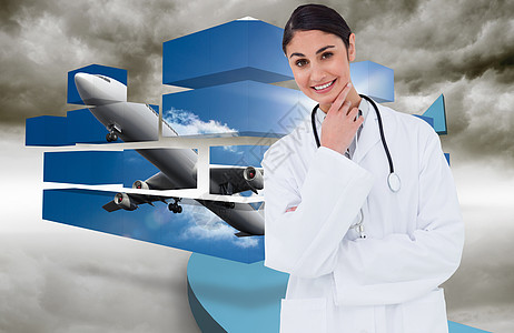 在思想家面前微笑的女医生姿势综合形象外套制服从业者下巴天空飞机计算机药品女性旅行图片