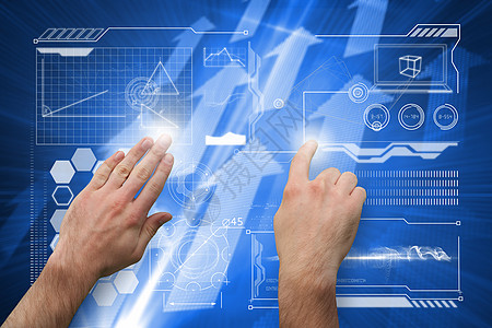 指手举手和展示的复合图像未来派界面数字辉光计算机手势电脑技术手臂绘图图片