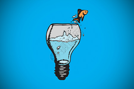 金鱼从灯泡碗跳跃的复合图像创新插图计算机涂鸦绘图蓝色图片