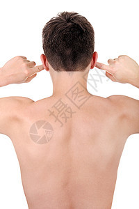 年轻人插耳机男人背部男性工作室后脑勺白色头发棕色肌肉手指图片