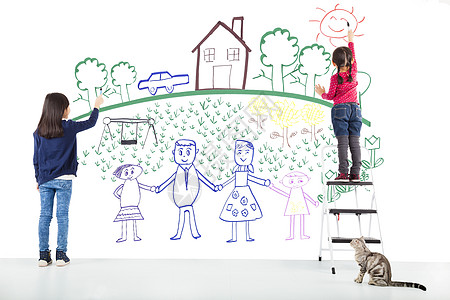 孩子与猫素材两个孩子在白墙上画着梦想背景