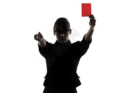 女商务人士显示红色卡片的轮廓女性红牌冒充犯规白色商业阴影成年人商务失败图片