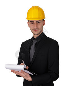 拥有硬帽子持有剪贴板的人承包商头盔工作工人建筑学建筑师检查文档安全商业图片