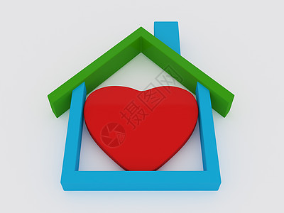 白色的房屋符号和心脏塑料建筑商业屋形房子储蓄银行业繁荣红色水平图片