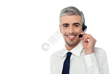行政部门对客户支持的微笑推销耳机员工专家服务台热线服务男人代理人麦克风图片