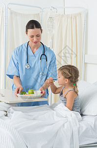 医生为生病的女童提供早餐专家磨砂膏食物恢复女性盘子卫生保健疾病桌子图片
