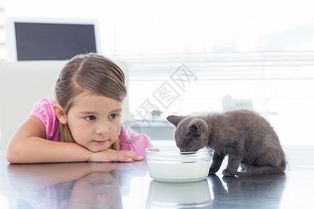 女孩看着小猫从碗里喝牛奶主人女性动物哺乳动物友谊诊所桌子主题医院宠物图片