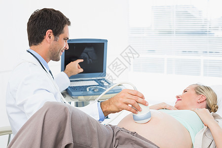 孕妇和医生怀着超声波扫描结果的快乐怀孕金发孕妇背景
