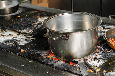 真正的肮脏餐厅厨房白色烹饪工业平底锅餐具火炉商业用具图片