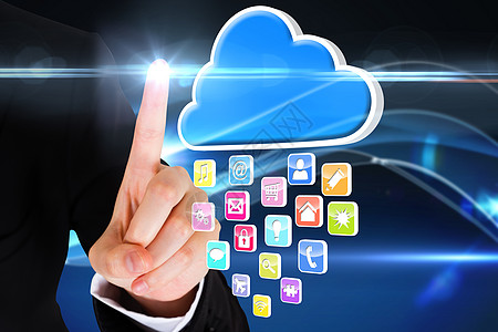 指向带有应用程序图标的云商业技术云计算手指商务计算机蓝色未来派互动绘图图片