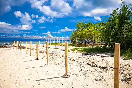 完美的白色海滩 有绿绿水和沙漠岛屿上的小栅栏情调棕榈海洋天空海景热带天堂异国海岸线椰子图片