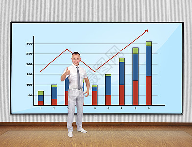 商务人士展示大拇指图表利润进步技术房间监视器金融办公室男性屏幕图片