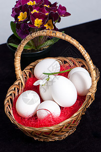 满篮子的东边鸡蛋和春花装饰紫色黄色背景白色紫荆花蛋壳季节红色传统图片