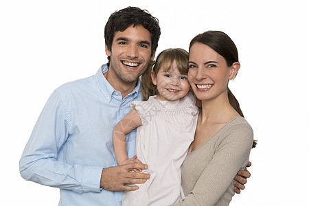 幸福的年轻家庭站在白色背景上 孤立无援图片
