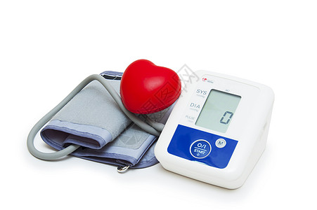 白色背景上带有爱心符号的数字血压计数字血压计乐器诊所控制考试监控临床高血压仪表概念脉冲图片
