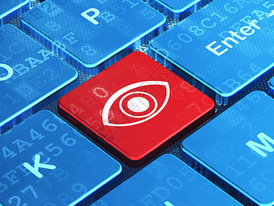 在计算机键盘背景上的安全概念眼睛保卫隐私白色密码钥匙红色代码别针按钮眼球图片