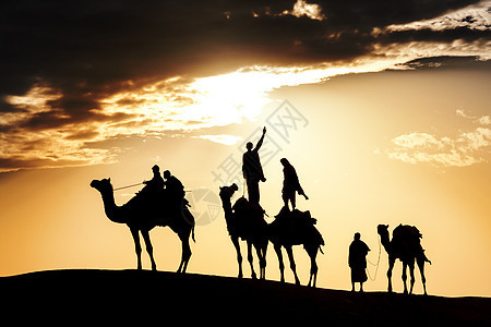 当地沙漠与骆驼一起走过Thar沙漠文化团体光束踪迹动物沙丘日落冒险男人射线图片