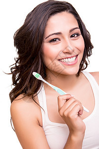 持有牙刷的妇女女士浴室刷子黑发保健治疗卫生药品成人微笑图片