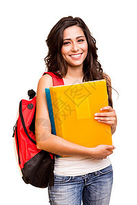 年轻快乐学生学习拉丁幸福白色大学职业牛仔裤成人背包书包图片