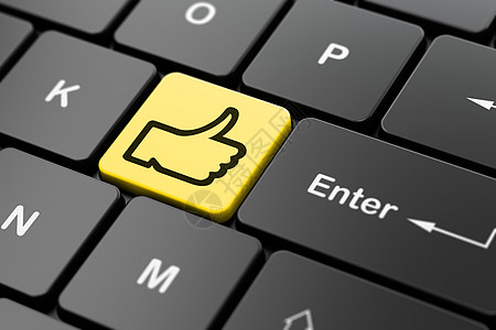 黄色按钮社交媒体概念在电脑键盘背景上竖起大拇指社区投票团队社会朋友拇指黄色黑色博客手指背景