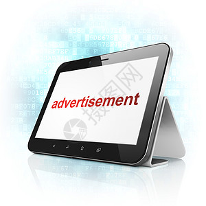 营销概念 在平板电脑上刊登广告活动背景销售数字品牌蓝色网络市场公关药片图片