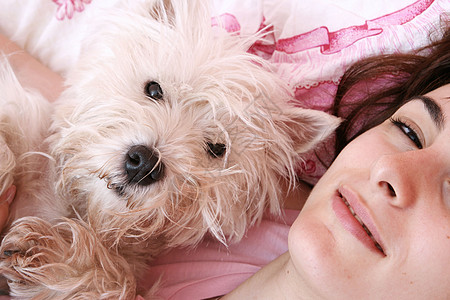 狗睡在床上卧室休息午休女性幸福眼睛伴侣友谊宠物哺乳动物图片