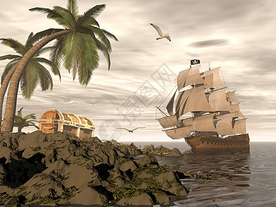 海盗船寻找宝藏  3D护卫舰航程运输血管导航旗帜历史性海洋颅骨帆船图片
