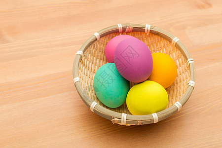 篮子中彩色涂满彩色的东边鸡蛋庆典早餐黄色食物绘画桌子绿色假期节日蓝色图片