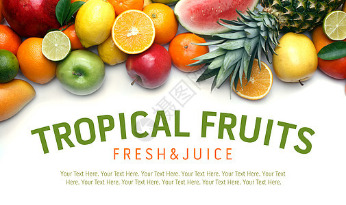 白色背景的水果 有文字空间饮食果汁维生素黄色菠萝热带叶子食物橙子情调图片