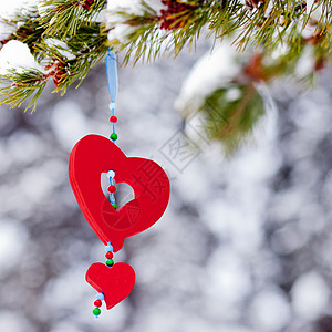 红心圣诞节装饰室外冬季森林图片