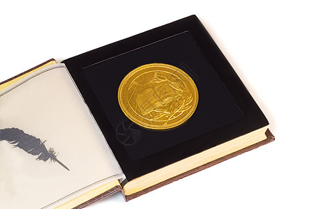 奖章 上面有书的图象和白纸上的宝丽树枝太阳符号艺术科学教育知识集合礼物学习青铜图片
