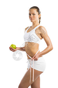 腰部的年轻运动女性测量腹部腰围健身房营养训练肥胖橘皮磁带女士图片