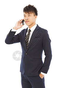 青年商务人士在电话上交谈讲话男人手势人士套装商业展示工作白色经理图片