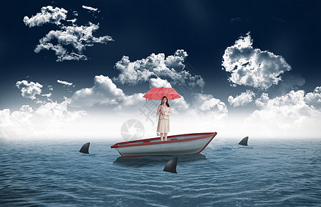 具有吸引力的女商务人士在帆船上持红伞的复合形象职业人士天气环境庇护所头发运输支撑商业棕色图片