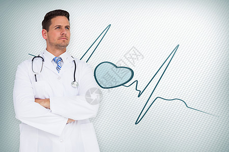 英俊医生的复合形象和横穿双臂速度心电图男性绘图从业者心脏病学蓝色职业专家服务图片