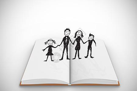 开放书中幸福家庭的综合形象白色绘画儿子涂鸦手绘微笑灰色插图绘图女儿背景图片