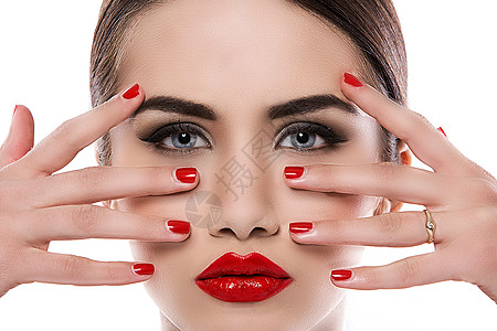 红口红的迷人女人工作室卫生指甲身体美丽女孩头油发型化妆品保健图片