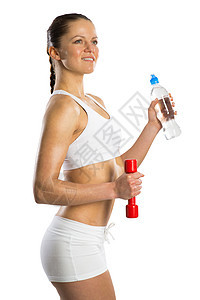 运动妇女女孩活动身体快乐白色健身房黑色哑铃微笑女士图片
