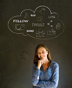 商业妇女 学生或教师社交媒体战略思维思考互联网网络商务女士插图人士博客图片