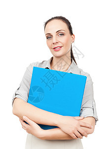 拥有蓝文件夹的商业妇女工人套装商务办公室女士成功会计女孩人士工作图片