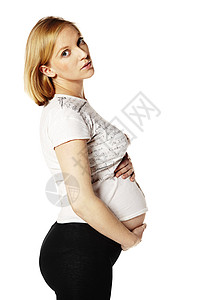 怀孕妇女身体腹部影棚沉思拥抱母亲女性金发女郎新生活摄影图片